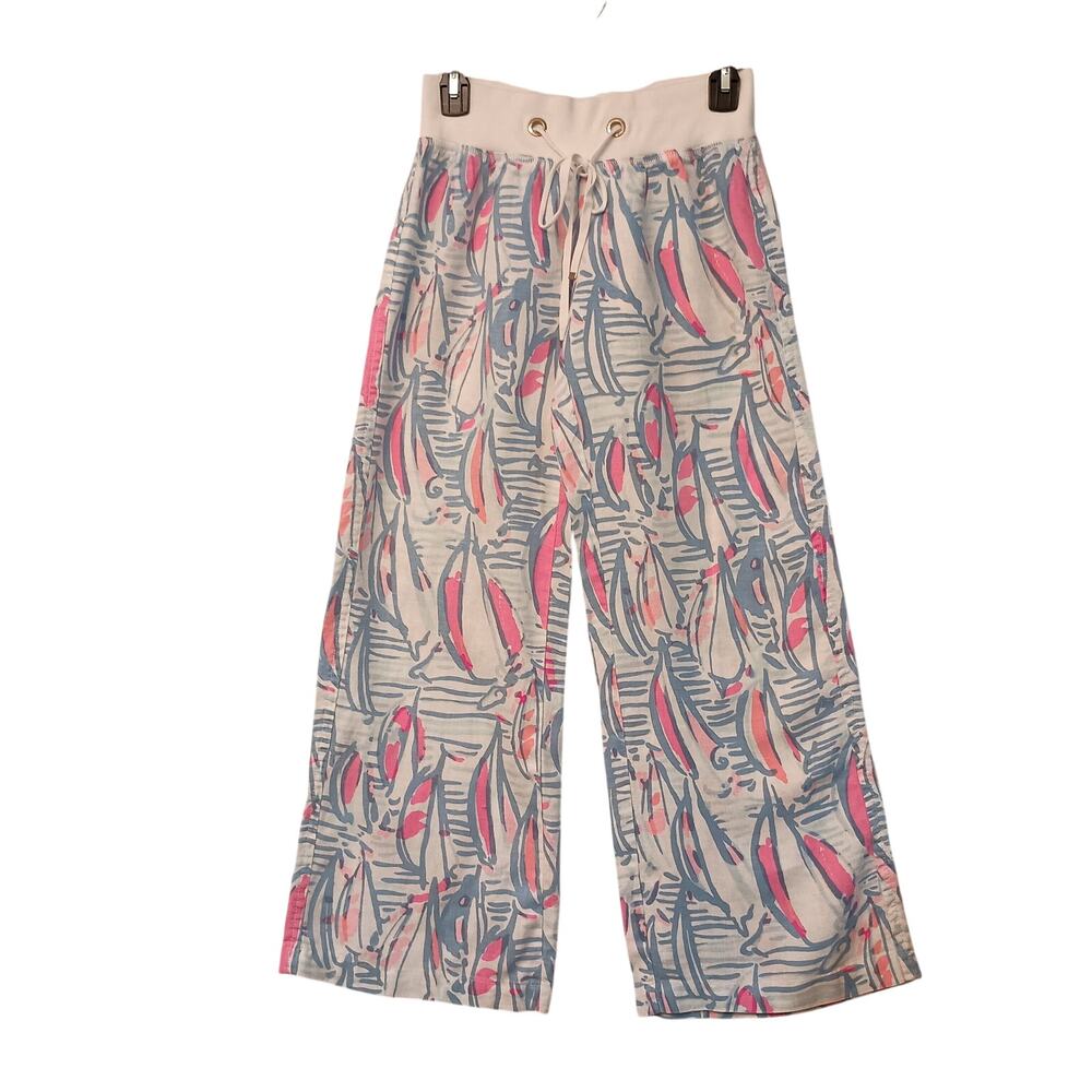 Lilly Pulitzer Linen Casual Beach Pants Draw String Waist Tropical Print Preppy